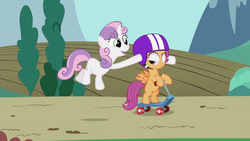 Size: 992x558 | Tagged: safe, artist:capnpea, edit, edited screencap, screencap, scootaloo, sweetie belle, g4, fimbriae, helmet, photoshop, scooter