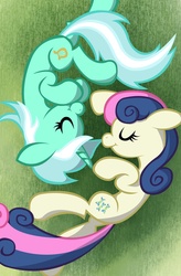 Size: 957x1455 | Tagged: safe, artist:bronycurious, bon bon, lyra heartstrings, sweetie drops, earth pony, pony, unicorn, g4, duo, eyes closed, lying down, on side, sleeping, smiling