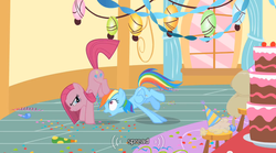 Size: 640x355 | Tagged: safe, screencap, pinkie pie, rainbow dash, earth pony, pegasus, pony, g4, party of one, duo, imminent facesitting, pinkamena diane pie, youtube caption