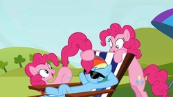 Size: 600x338 | Tagged: safe, screencap, pinkie pie, rainbow dash, earth pony, pony, g4, my little pony: friendship is magic, too many pinkie pies, ass up, beach chair, chair, clone, female, lying down, mare, on back, out of context, pinkie clone, self paradox, self ponidox, sweet dreams fuel