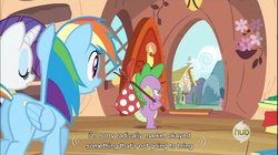 Size: 856x478 | Tagged: safe, screencap, rainbow dash, rarity, spike, dragon quest, g4, hub logo, youtube caption