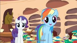 Size: 855x480 | Tagged: safe, screencap, rainbow dash, rarity, dragon quest, g4, hub logo, youtube caption