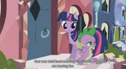 Size: 851x470 | Tagged: safe, screencap, spike, twilight sparkle, g4, the crystal empire, youtube caption