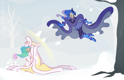 Size: 1200x784 | Tagged: safe, artist:egophiliac, princess celestia, princess luna, human, g4, cape, clothes, duo, ethereal hair, female, humanized, one eye closed, royal sisters, siblings, sisters, snow, snowball, snowball fight, starry hair, woman