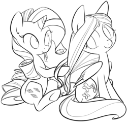 Size: 929x915 | Tagged: safe, artist:php27, fluttershy, rarity, g4, braiding, cute, lineart, monochrome