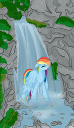Size: 1445x2487 | Tagged: safe, artist:marisalle, rainbow dash, pegasus, pony, g4, bathing, female, outdoors, solo, waterfall, waterfall shower, wet mane