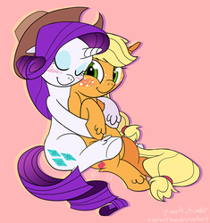 Size: 1000x1065 | Tagged: safe, artist:ponett, applejack, rarity, g4, accessory swap, blushing, hug, ship:rarijack, shipping, unshorn fetlocks