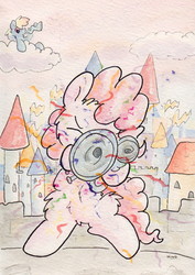 Size: 737x1041 | Tagged: safe, artist:slightlyshade, pinkie pie, rainbow dash, g4, confetti, flugelhorn, traditional art