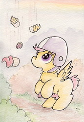 Size: 731x1065 | Tagged: safe, artist:slightlyshade, scootaloo, pony, g4, cupcake, female, helmet, solo, traditional art