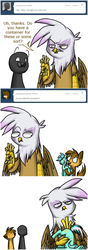 Size: 324x918 | Tagged: safe, gilda, oc, griffon, g4, food, gilda replies, lyra plushie, plothole plush lyra