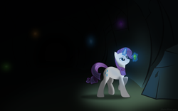 Size: 1800x1125 | Tagged: safe, artist:glaive-silver, rarity, pony, g4, cave, cavern, female, gem, glowing, light, looking, magic, mining, raised eyebrow, raised hoof, solo, standing