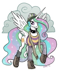 Size: 854x1024 | Tagged: safe, artist:pedantia, princess celestia, alicorn, pony, g4, 2012, beanie, boots, choker, chokerlestia, clothes, cloud, ear piercing, earring, ethereal mane, ethereal tail, female, grunge, hat, nose piercing, piercing, raised hoof, scarf, shirt, shoes, simple background, solo, spiked choker, spread wings, striped shirt, tail, white background, wings