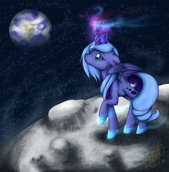Size: 900x920 | Tagged: safe, artist:ambunny, princess luna, pony, g4, aurora borealis, crying, earth, female, floppy ears, frown, looking up, magic, moon, planet, raised hoof, s1 luna, sad, solo, space, spread wings