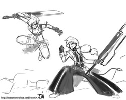 Size: 1100x880 | Tagged: safe, artist:johnjoseco, applejack, rainbow dash, human, g4, blazblue, crossover, grayscale, guilty gear, humanized, monochrome, ragna the bloodedge, sol badguy