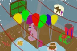 Size: 900x600 | Tagged: safe, artist:terribletransit, pinkie pie, earth pony, pony, g4, alone, balloon, birthday cake, cake, crying, food, indoors, pinkamena diane pie, sad, sad pony, sitting