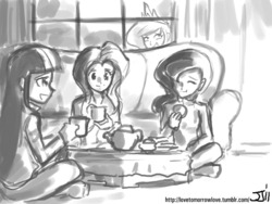 Size: 1100x825 | Tagged: safe, artist:johnjoseco, fluttershy, princess celestia, princess luna, twilight sparkle, human, g4, grayscale, humanized, monochrome, tea party