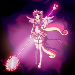 Size: 800x800 | Tagged: safe, artist:dawnrie, princess cadance, human, g4, boots, clothes, eared humanization, female, horn, horned humanization, humanized, miniskirt, sailor moon (series), sailor senshi, shoes, skirt, socks, solo, staff, tailed humanization, thigh boots, thigh highs, winged humanization