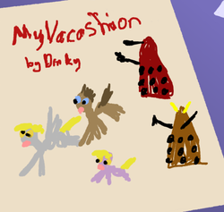 Size: 500x473 | Tagged: safe, artist:bibliodragon, derpy hooves, dinky hooves, doctor whooves, time turner, earth pony, pegasus, pony, unicorn, g4, crossover, dalek, doctor who, female, filly, male, mare, stallion, the doctor