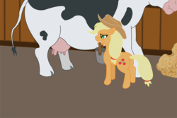 Size: 1145x763 | Tagged: safe, artist:philith, applejack, cow, earth pony, pony, g4, applebutt, bucket, butt, female, implied milking, mare, mouth hold, plot, udder