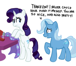 Size: 900x780 | Tagged: safe, artist:fracturedcb, rarity, trixie, pony, unicorn, g4, duo, duo female, female, horn, mare, sewing machine, simple background, transparent background