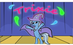 Size: 900x565 | Tagged: safe, artist:miroslav46, trixie, pony, unicorn, g4, bipedal, cape, clothes, female, hat, magic, mare, solo, stage