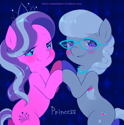 Size: 1280x1288 | Tagged: safe, artist:princessmisery, diamond tiara, silver spoon, earth pony, pony, g4, blushing, female, glasses, heart eyes, lesbian, ship:silvertiara, shipping, wingding eyes