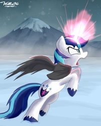 Size: 922x1148 | Tagged: safe, artist:walliscolours, shining armor, pony, unicorn, g4, clothes, glowing horn, horn, jumping, magic, male, mountain, profile, scarf, signature, snow, solo, stallion