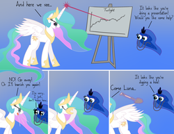 Size: 3300x2550 | Tagged: safe, artist:fetchbeer, princess celestia, princess luna, alicorn, pony, g4, clippit, comic, cute, dilated pupils, female, glasses, levitation, magic, mare, paperclip, parody, shovel, telekinesis, word office, yelling