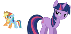 Size: 9317x4430 | Tagged: safe, artist:aeroytechyon-x, applejack, rainbow dash, twilight sparkle, earth pony, pegasus, pony, unicorn, g4, absurd resolution, female, jealous, lesbian, mare, ship:appledash, ship:twidash, ship:twijack, shipping, simple background, transparent background, unicorn twilight