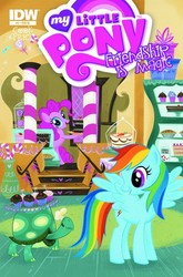 Size: 600x910 | Tagged: safe, artist:stephbuscema, idw, official comic, pinkie pie, rainbow dash, tank, pony, friendship is magic #4, g4, my little pony: friendship is magic (idw), official, comic, cover, oversaturation, sugarcube corner