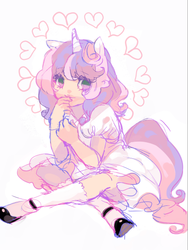 Size: 384x510 | Tagged: safe, artist:matsusaka, sweetie belle, human, g4, eared humanization, female, heart, horn, horned humanization, humanized, pixiv, simple background, solo, tailed humanization