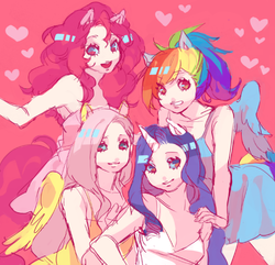 Size: 507x489 | Tagged: safe, artist:matsusaka, fluttershy, pinkie pie, rainbow dash, rarity, human, g4, eared humanization, heart, horn, horned humanization, humanized, pixiv, tailed humanization, winged humanization