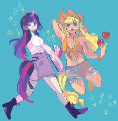 Size: 646x664 | Tagged: safe, artist:matsusaka, applejack, twilight sparkle, human, g4, apple, book, eared humanization, horn, horned humanization, humanized, pixiv, stars, tailed humanization