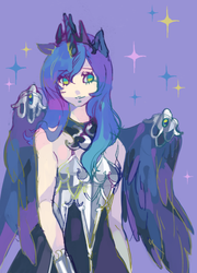 Size: 368x510 | Tagged: safe, artist:matsusaka, princess luna, human, g4, eared humanization, female, horn, horned humanization, humanized, pixiv, solo, stars, winged humanization