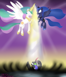 Size: 1700x2000 | Tagged: safe, artist:mikoruthehedgehog, king sombra, princess celestia, princess luna, alicorn, pony, umbrum, g4, my little pony: friendship is magic, the crystal empire, combined magic, flying, glowing eyes, royal sisters, siblings, sisters