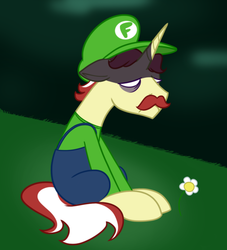 Size: 500x550 | Tagged: safe, artist:ask-flam, flam, g4, bad end, beta, cosplay, depressed, empty eyes, luigi, luigi's mansion, male, parody, sad, super mario bros., tumblr