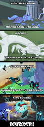 Size: 500x1416 | Tagged: safe, edit, edited screencap, screencap, discord, king sombra, nightmare moon, princess luna, queen chrysalis, alicorn, changeling, changeling queen, pony, g4, antagonist, broken horn, comic, fate, female, horn, mare, petrification
