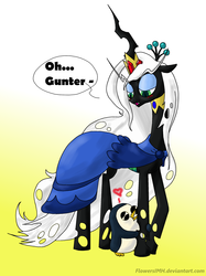 Size: 1936x2592 | Tagged: safe, queen chrysalis, g4, adventure time, crossover, gunter (adventure time), ice queen, male, parody