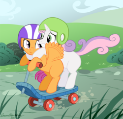 Size: 620x602 | Tagged: safe, artist:brianblackberry, edit, scootaloo, sweetie belle, g4, female, lesbian, scooter, ship:scootabelle, shipping