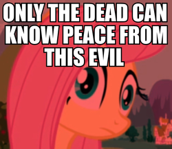 Size: 720x624 | Tagged: safe, fluttershy, g4, image macro, only the dead can know peace from this evil, reaction image, thousand yard stare