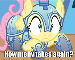 Size: 909x730 | Tagged: safe, fluttershy, g4, armor, behind the scenes, crystal guard armor, image macro, jousting, shocked