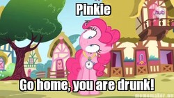 Size: 400x225 | Tagged: safe, edit, edited screencap, screencap, pinkie pie, earth pony, pony, g4, too many pinkie pies, caption, drunk, female, image macro, mare, text, tree