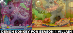 Size: 1121x514 | Tagged: safe, pinkie pie (g3), rainbow dash (g3), earth pony, pegasus, pony, g3, adult, bootleg, demon donkey, fun neddy lovely, image macro, implied season 4, looking at you, photo, toy