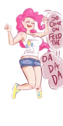 Size: 436x864 | Tagged: safe, artist:lizombie, pinkie pie, human, g4, armpits, breasts, busty pinkie pie, clothes, eyes closed, female, humanized, jumping, lyrics, open mouth, quote, shorts, solo, tank top