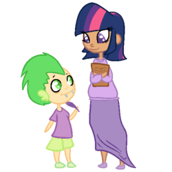 Size: 500x500 | Tagged: safe, artist:robynne, spike, twilight sparkle, g4, dark skin, humanized