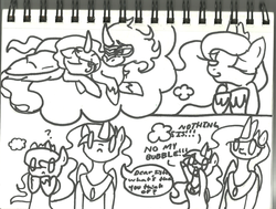 Size: 900x682 | Tagged: safe, artist:modernlisart, king sombra, princess celestia, princess luna, alicorn, pony, unicorn, g4, exclamation point, eyes closed, female, implied lumbra, lying down, lying on top of someone, male, monochrome, question mark, royal sisters, ship:lumbra, shipping, siblings, sisters, sleeping together, straight, thought bubble, traditional art