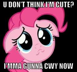 Size: 500x467 | Tagged: safe, pinkie pie, g4, bronybait, cute, image macro, sad