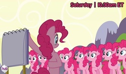 Size: 765x450 | Tagged: safe, edit, edited screencap, screencap, pinkie pie, earth pony, pony, g4, official, too many pinkie pies, clone, female, hub logo, mare, pinkie clone, the hub