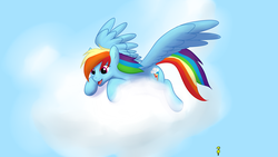 Size: 1920x1080 | Tagged: safe, artist:btbunny, rainbow dash, pegasus, pony, g4, cloud, female, mare, sky, solo, wallpaper, wings