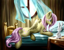 Size: 1300x1024 | Tagged: safe, artist:shizyaa, angel bunny, fluttershy, g4, bed, morning, waking up